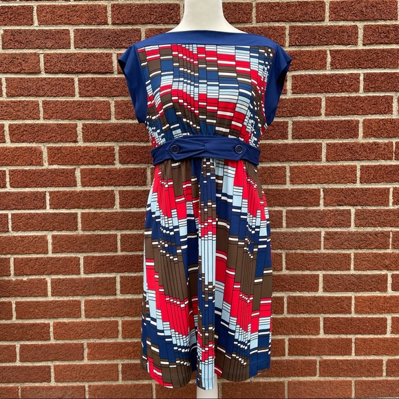BCBGMaxAzia  70s Retro Dress In Poppy Multi Size Small Red Blue - Picture 9 of 11